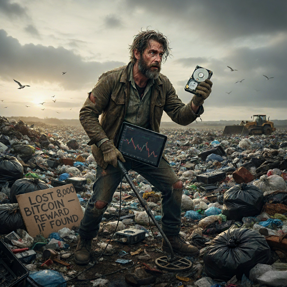 Finally found - a man holding a device and laptop, with a 'Lost Bitcoin' sign in the trash.
